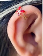 گوشواره لاله گوش ژوپینگ طرح پروانه صورتی و حلقه طلایی - Image 2